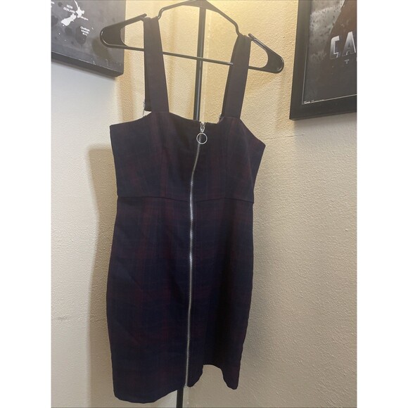 Forever 21 Navy Blue Red Plaid Front Zip Mini Overall Dress Sz Small Sleeveless - Picture 1 of 8